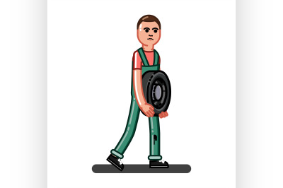 Man carries the tire