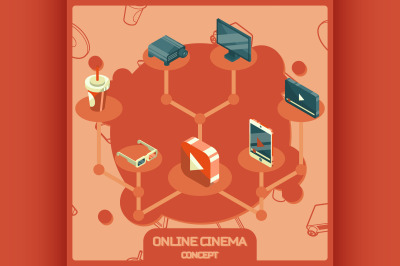 Online cinema color isometric concept icons