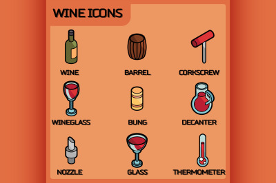 Wine outline color isometric icons