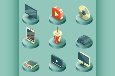 Online cinema color isometric concept icons