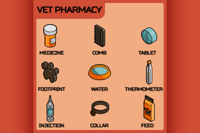 Vet pharmacy color outline isometric icons