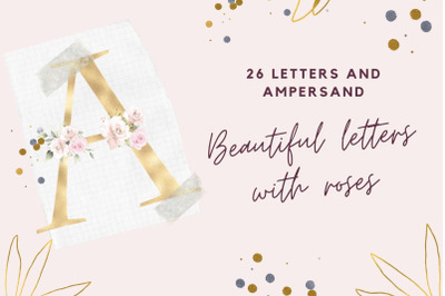 Gold foil alphabet with pink roses, Floral alphabet clipart, Rose wedding alphabet
