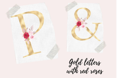 Floral alphabet clipart, Rose wedding alphabet, Golden monogram floral