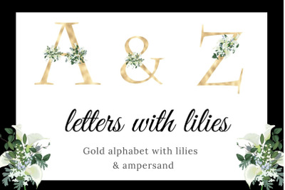 Gold foil alphabet with white lilies, Floral alphabet clipart, Gold wedding alphabet