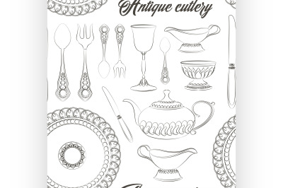 Hand drawn antique silver cutlery set pattern