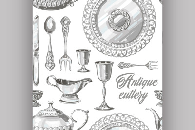 Hand drawn antique silver cutlery set pattern