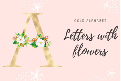 Gold foil alphabet with white flowers, Floral alphabet clipart, Gold w