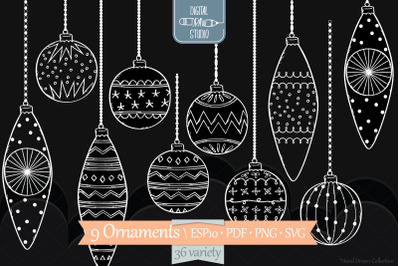 Hand Drawn White Ornaments | Christmas Tree Balls | Decorative Holiday