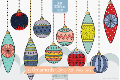 Hand Drawn Ornaments Color | Christmas Tree Balls | Decorative Holiday