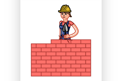 Builder woman build a brick wall