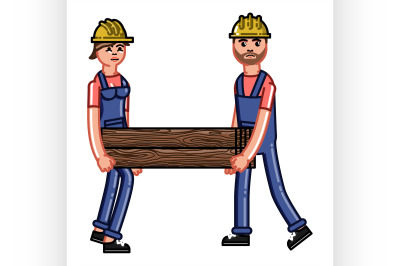 Two builders bears a timber