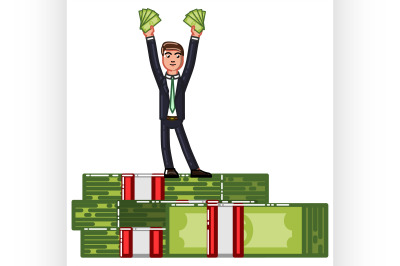 Business man standing on pack of money