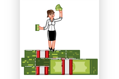 Business woman standing on pack of money