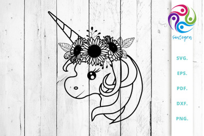 Unicorn With Sun Flower Svg Cut File