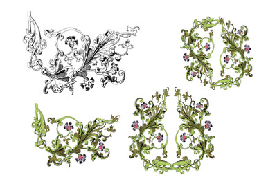 Tree branch with flowers and leaves Hand drawn Baroque style