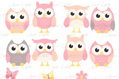 Pink and Grey Owl Cliparts - Vectors