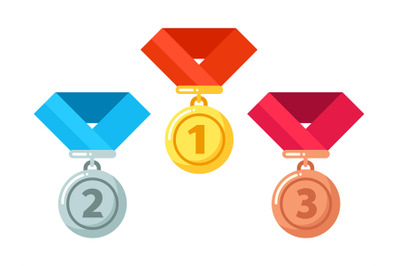 Gold, silver, bronze medals with ribbon. Reward for winner or champion