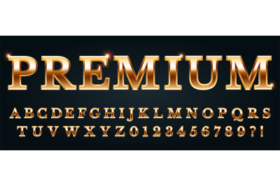 Premium golden font. Luxury alphabet, numbers and punctuation marks. M