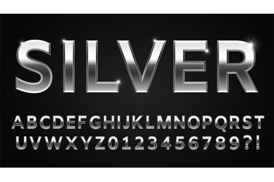Silver font style. Metallic alphabet, numbers, question and exclamatio