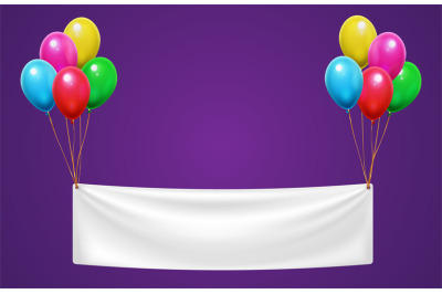 Banner hanging on colorful balloons for happy birthday party. Event ce