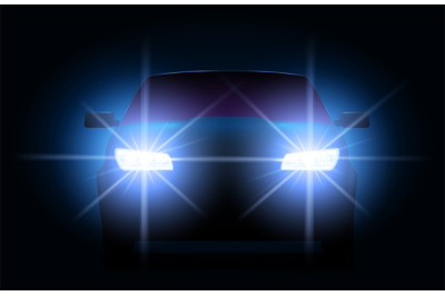 Car lights. Night urban scene with automobile or vehicle silhouette wi