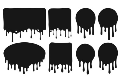 Black dripping frames. Flowing dark fluid or liquid with paint drops.