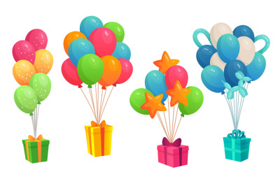 Gifts hanging on colorful balloons bunch. Boxes of different color and