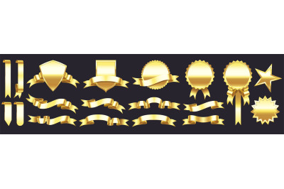 Gold banner with ribbons. Shapes for gift, accessory and tag. Festive