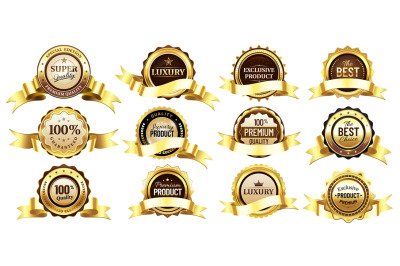 Luxury golden badges with tapes or ribbons. Reward for premium, super