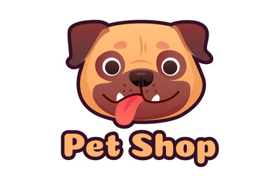 Pet shop logo design with pug face. Dog store selling goods and access