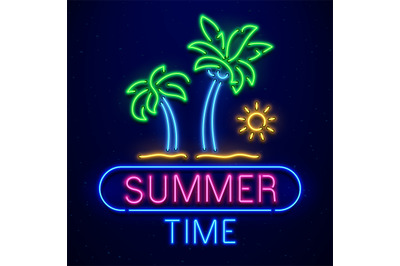 Summer time neon sign. Palm trees on sand beach, sun isolated on dark