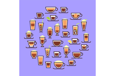 Types of coffee. Hot drinks in glass cups with milk. Espresso, latte w