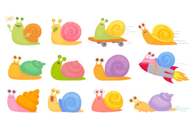 Cartoon snails. Slug on on startup rocket, skateboard and sleeping, ya