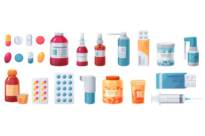 Cartoon medications. Medical drugs&2C; tablets&2C; capsules and prescription