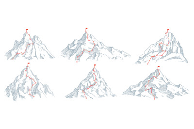 Sketch route to mountain peak. Hand drawn sketch mountains, path to to