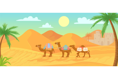 Desert camel. Caravan in egypt sahara landscapes. Cartoon arabic panor