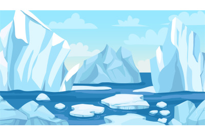 Cartoon arctic landscape. Icebergs, blue pure water glacier and icy cl