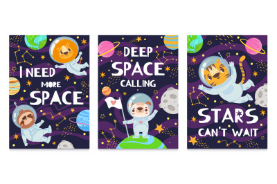 Animal in space. Hand drawn cute funny animals in space suit, futurist