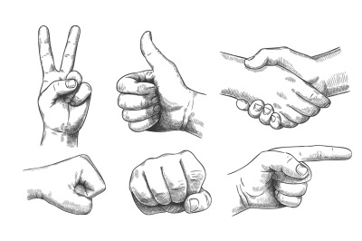 Hand drawn gestures. Pointer finger, strong fist and punch. Handshake,