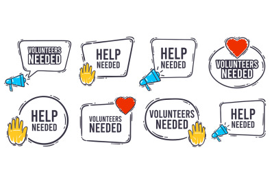 Volunteers needed banner. Help needed label with heart&2C; helping hand a