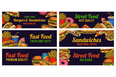 Fast food banners. Sketch hamburger and hot dog, pizza and fries, burg