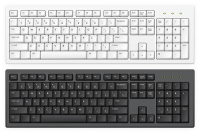 Keyboard. PC white and black key buttons with english qwerty alphabet