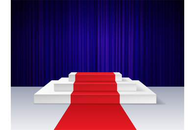 Red carpet to podium. Realistic empty pedestal for award ceremony with