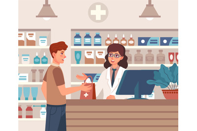 Pharmacist and patient. Pharmacist consultant and patient in drugstore