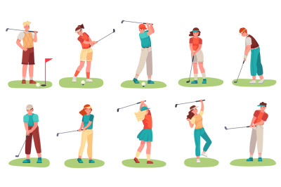 Golf playing. Men and women training with golf clubs on green grass, s