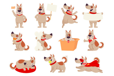 Cartoon dog mascot. Cute dogs in different action and emotion, happy s