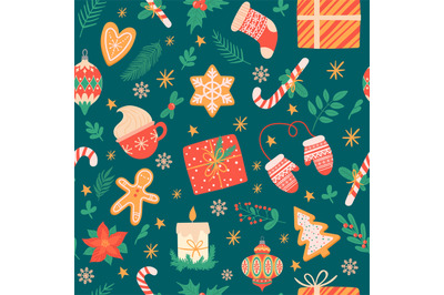 Christmas seamless pattern. Traditional xmas attributes, christmas tre