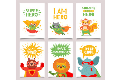 Hero animals cards. Cute and fun kids super hero animals with capes, m