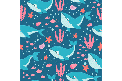 Whales seamless pattern. Funny sea animals happy orca, blue whale, kid