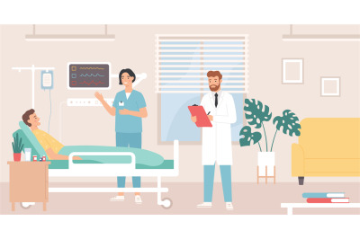 Hospital room. Patient in bed hospital ward&2C; doctor and nurse provide